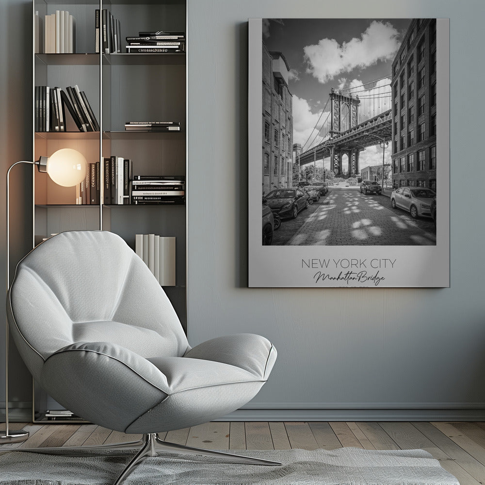 Black and White Manhattan Bridge Street View Canvas Wall Art | NEW YORK CITY Manhattan Bridge