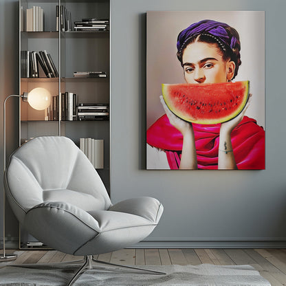 Frida Kahlo with a Watermelon Smile Canvas Wall Art
