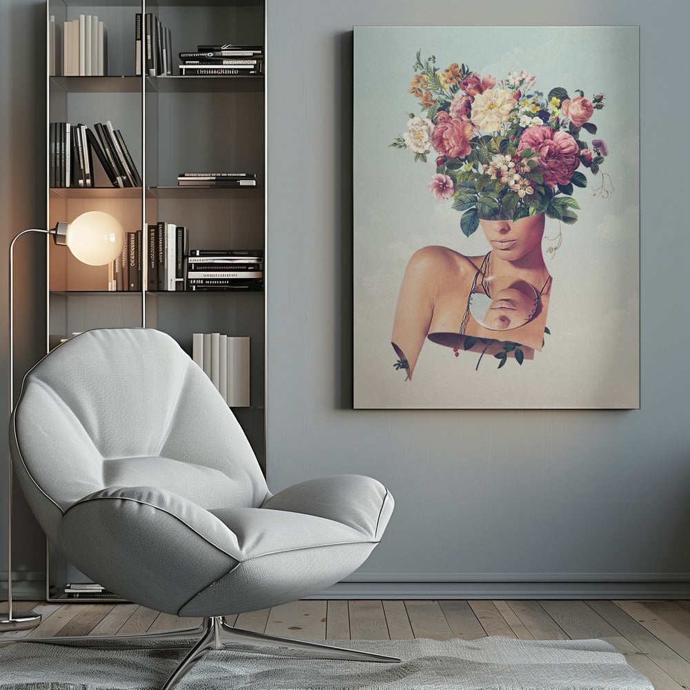 Surreal Woman with a Flower Bouquet Head Canvas Wall Art | Flower Ism