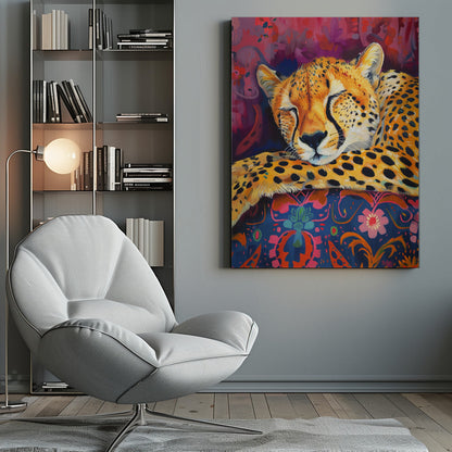Resting Cheetah on Richly Patterned Fabric Canvas Wall Art