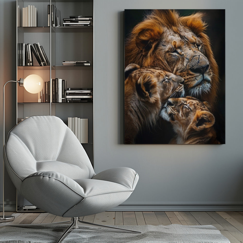 Warm Toned Lion Family Portrait Canvas Wall Art | Poster Lion Family 2