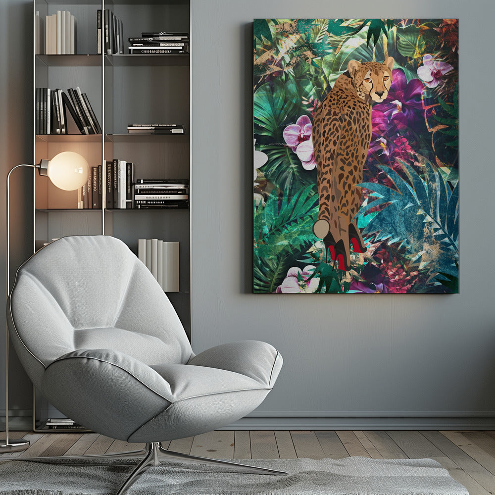 Cheetah in Red Heels Tropical Collage Canvas Wall Art | Tropical Floral Jungle - Cheetah in heels