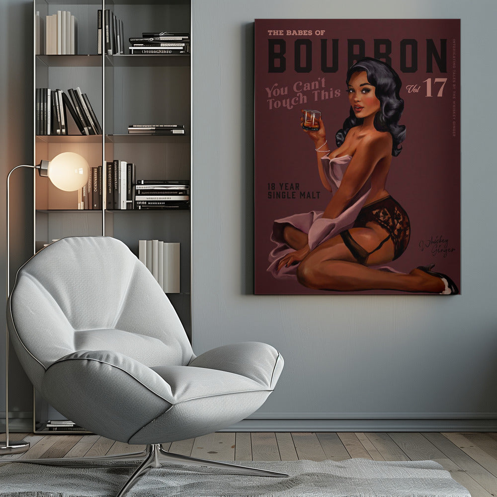 Retro Whiskey Pinup on Burgundy Background Canvas Wall Art
