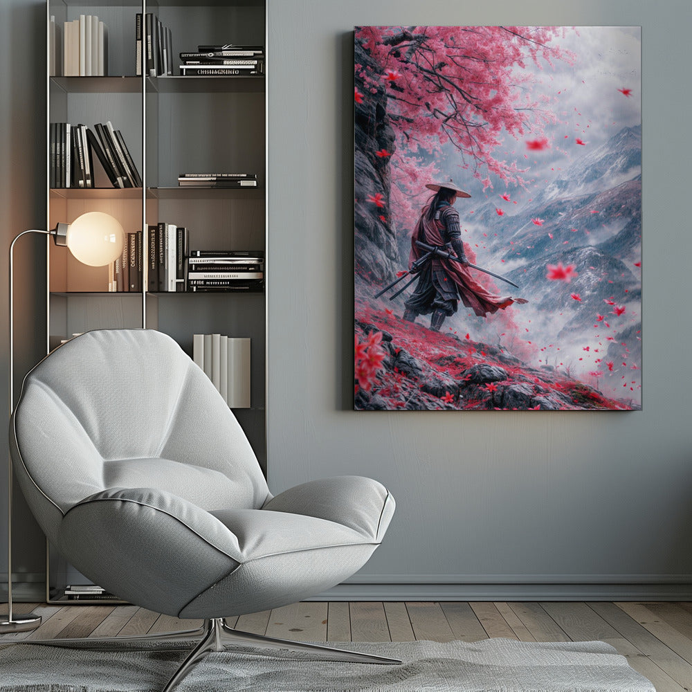Samurai beneath Pink Blossom Trees Canvas Wall Art