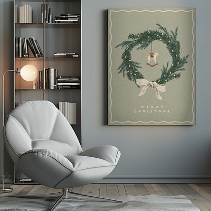 Wall art Horses Toy on Christmas wreath with bow Canvas Print