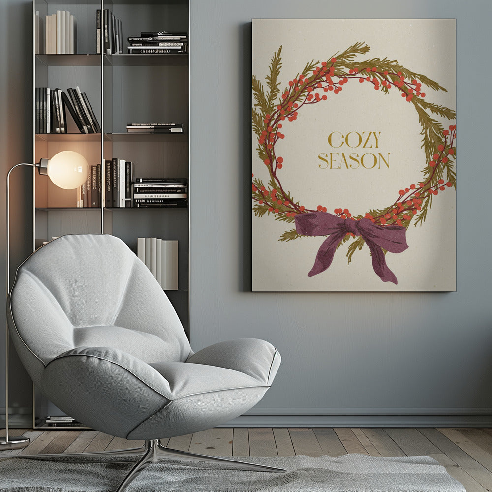 Décoration murale "Saison Cosy". Impression sur toile Couronne de Noël avec nœud