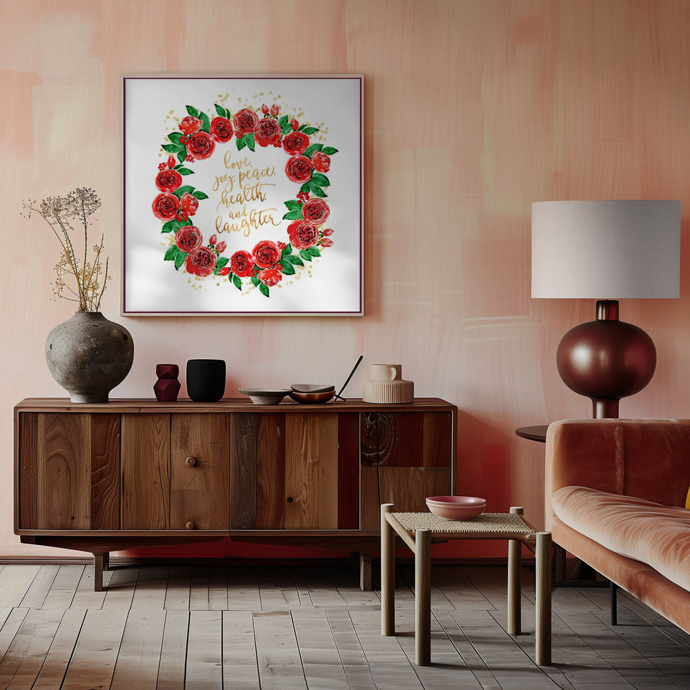 Wall art Holiday wishes wreath of red English roses