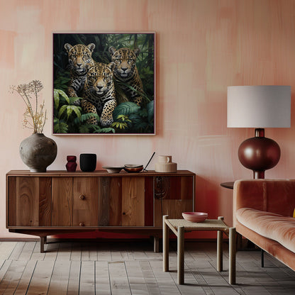 Three Jaguars amid Dense Jungle Leaves Canvas Wall Art