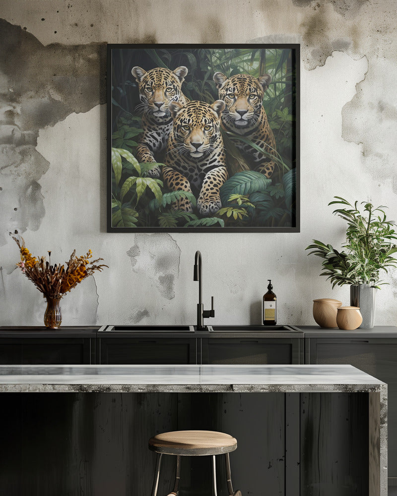 Three Jaguars amid Dense Jungle Leaves Canvas Wall Art
