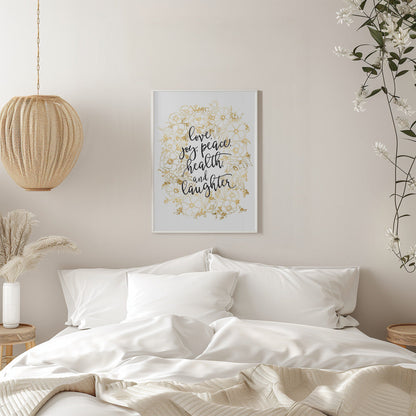 Tableau mural Vœux de fêtes avec fleurs dorées sur toile