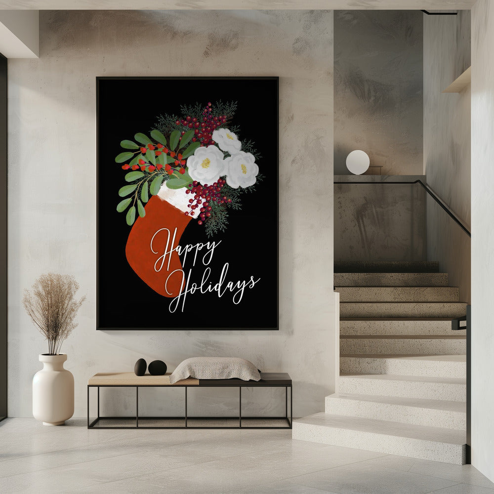 Tableau mural Chaussette florale Joyeuses fêtes sur toile noire