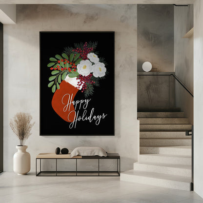 Tableau mural Chaussette florale Joyeuses fêtes sur toile noire