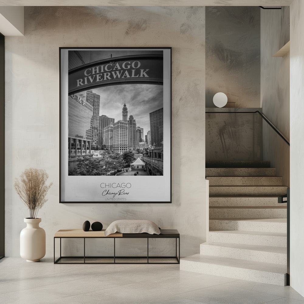 Black and White Chicago Riverwalk Canvas Wall Art