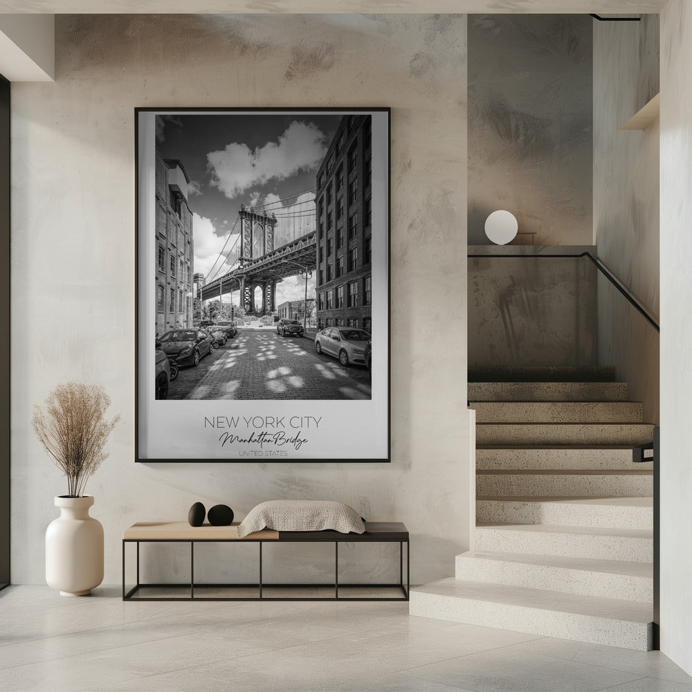 Black and White Manhattan Bridge Street View Canvas Wall Art | NEW YORK CITY Manhattan Bridge