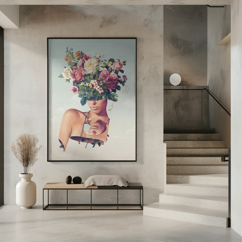 Surreal Woman with a Flower Bouquet Head Canvas Wall Art | Flower Ism