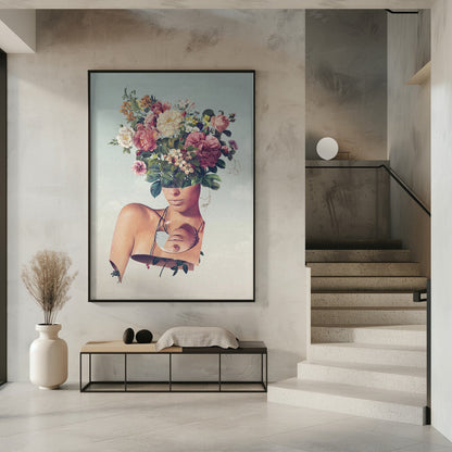 Surreal Woman with a Flower Bouquet Head Canvas Wall Art | Flower Ism