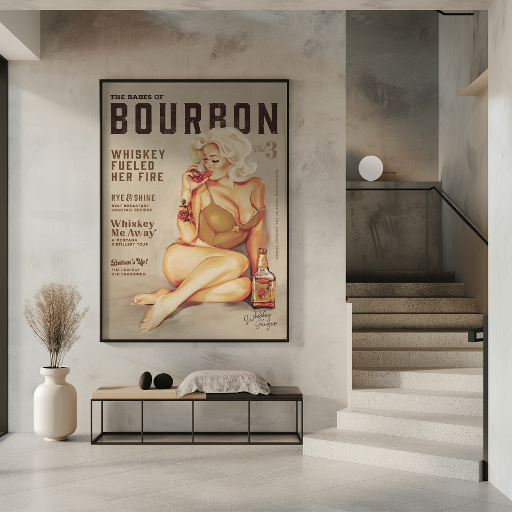 Blonde Whiskey Pinup Vintage Poster Canvas Wall Art | Babes of Bourbon Vol 3 Sexy Vintage Pin Up Girl Drinking Whiskey