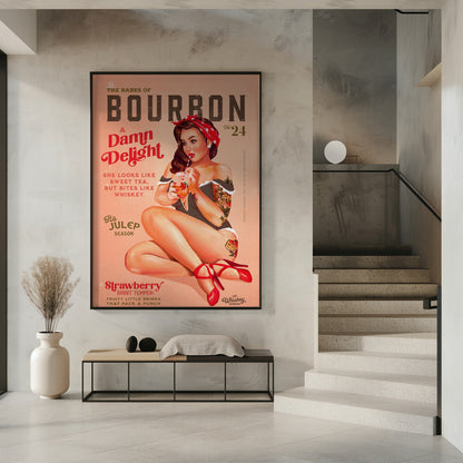 Vintage Cocktail Pinup in Red and Cream Canvas Wall Art | Babes of Bourbon Vol 22 Vintage Pinup Girl Drinking A Cocktail