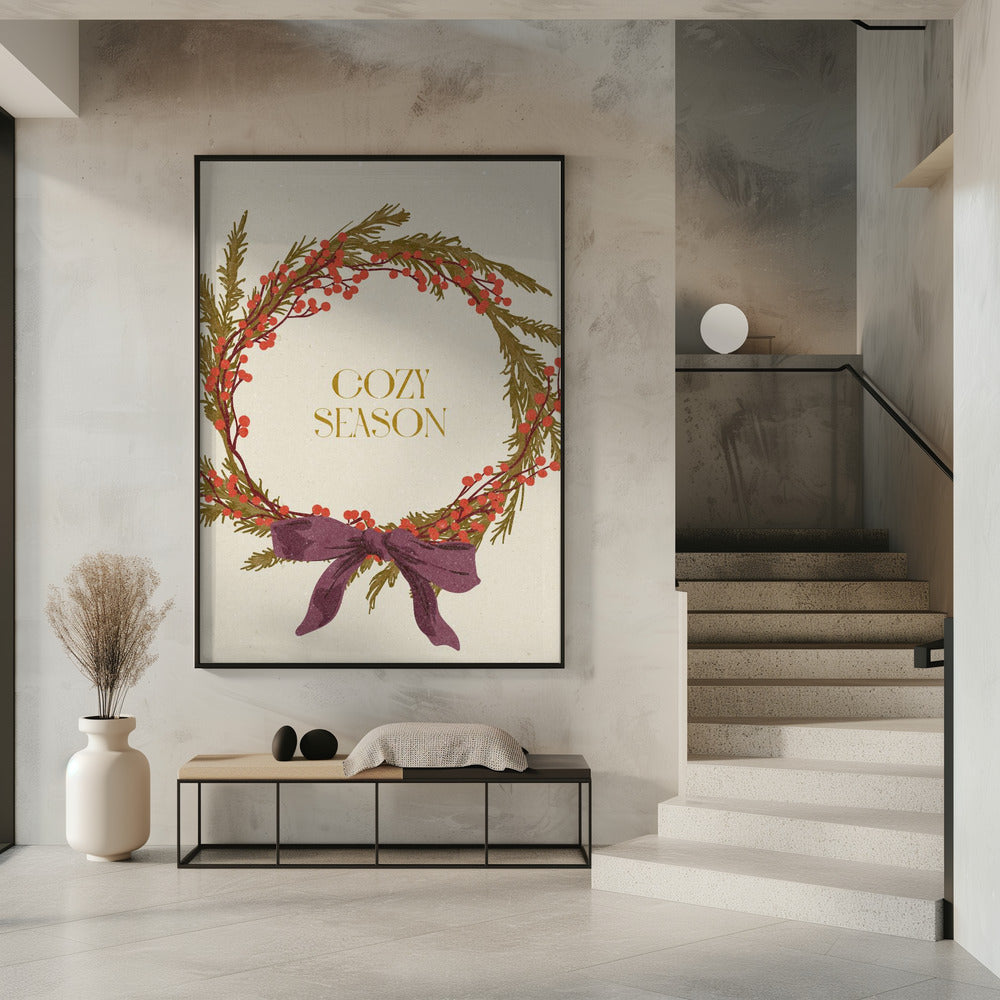 Décoration murale "Saison Cosy". Impression sur toile Couronne de Noël avec nœud