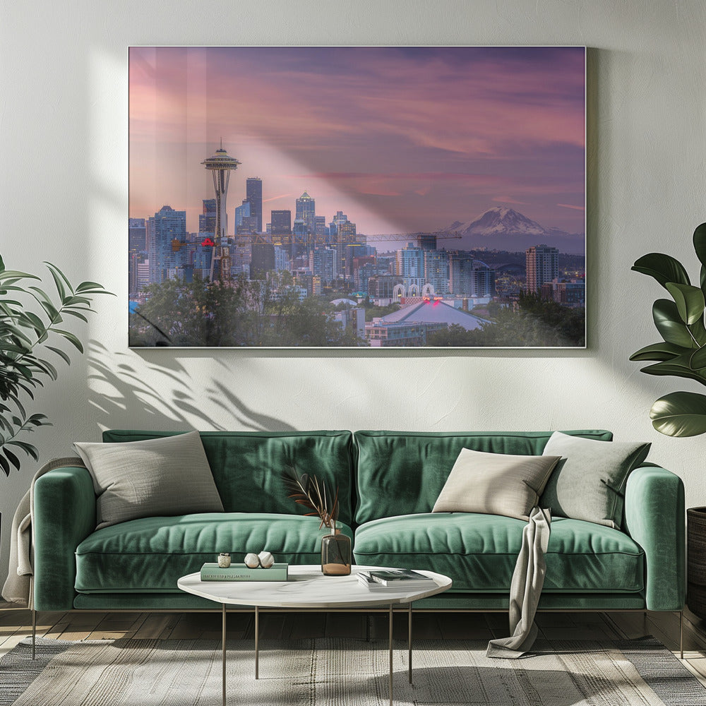 Seattle Skyline with Pink Morning Sky Canvas Wall Art | Good Morning, Seattle!
