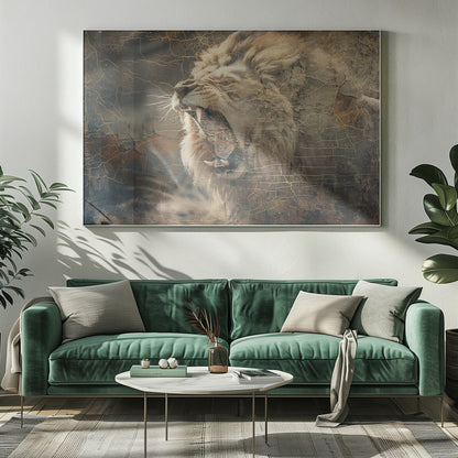 Roaring Lion in Weathered Earth Tones Canvas Wall Art | Lion Animal Vintage Art Illustration Wallart 09