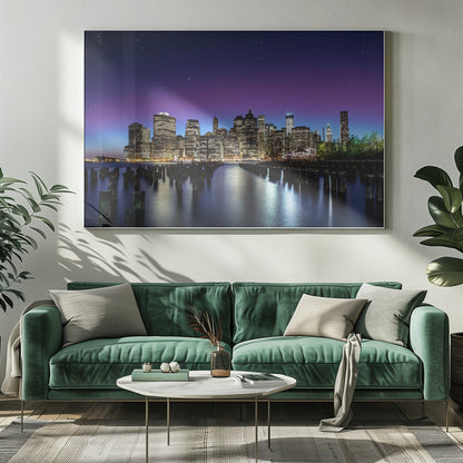 New York Night Skyline and Pier Reflections Canvas Wall Art | New York Sky Line
