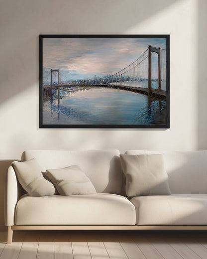 Soft Blue Walt Whitman Bridge Landscape Canvas Wall Art | Ermilkina Waltwhitmanbridge Oil