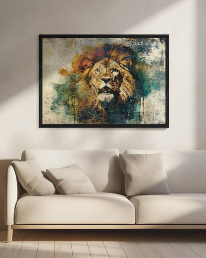 Vintage Lion Portrait with Teal and Gold Texture Canvas Wall Art | Lion Animal Vintage Art Illustration Wallart 06