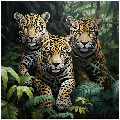 Three Jaguars amid Dense Jungle Leaves Canvas Wall Art