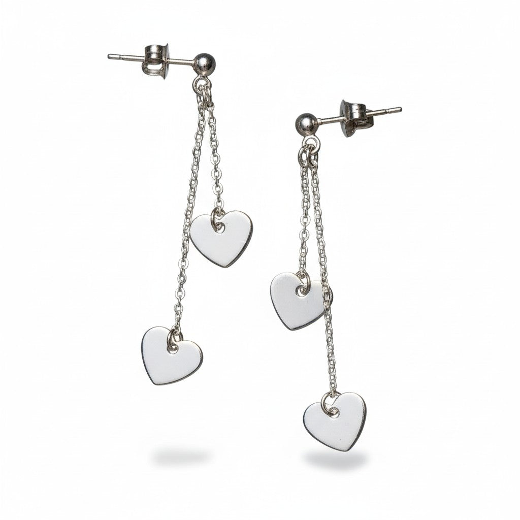 Boucles d'oreilles clous doubles chaînes cœurs en plaqué argent - SP406H