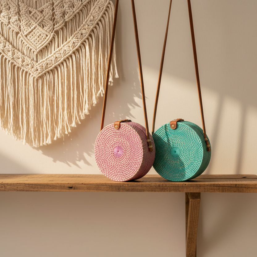 Round Rattan Purse - Pink