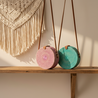 Round Rattan Purse - Pink