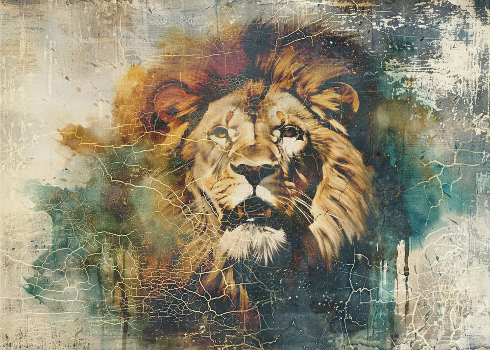 Vintage Lion Portrait with Teal and Gold Texture Canvas Wall Art | Lion Animal Vintage Art Illustration Wallart 06
