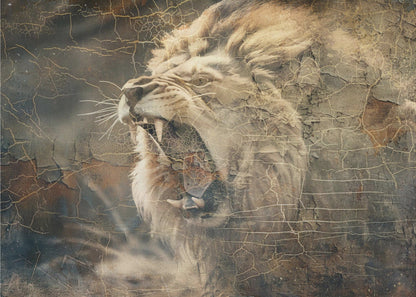 Roaring Lion in Weathered Earth Tones Canvas Wall Art | Lion Animal Vintage Art Illustration Wallart 09