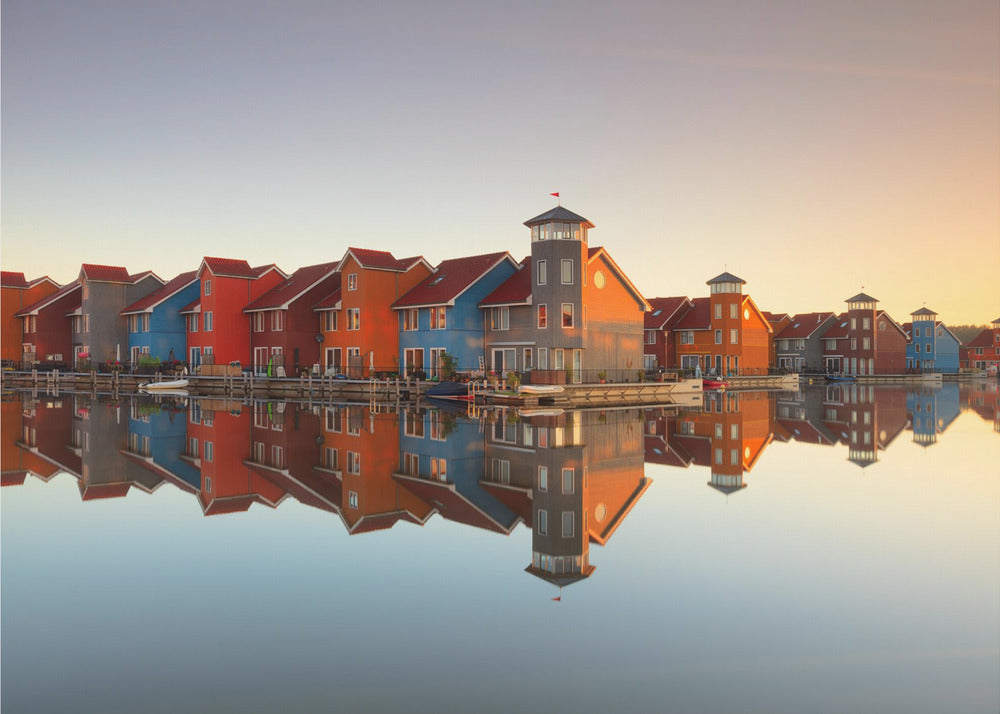 Colourful Waterfront Village Reflections Canvas Wall Art