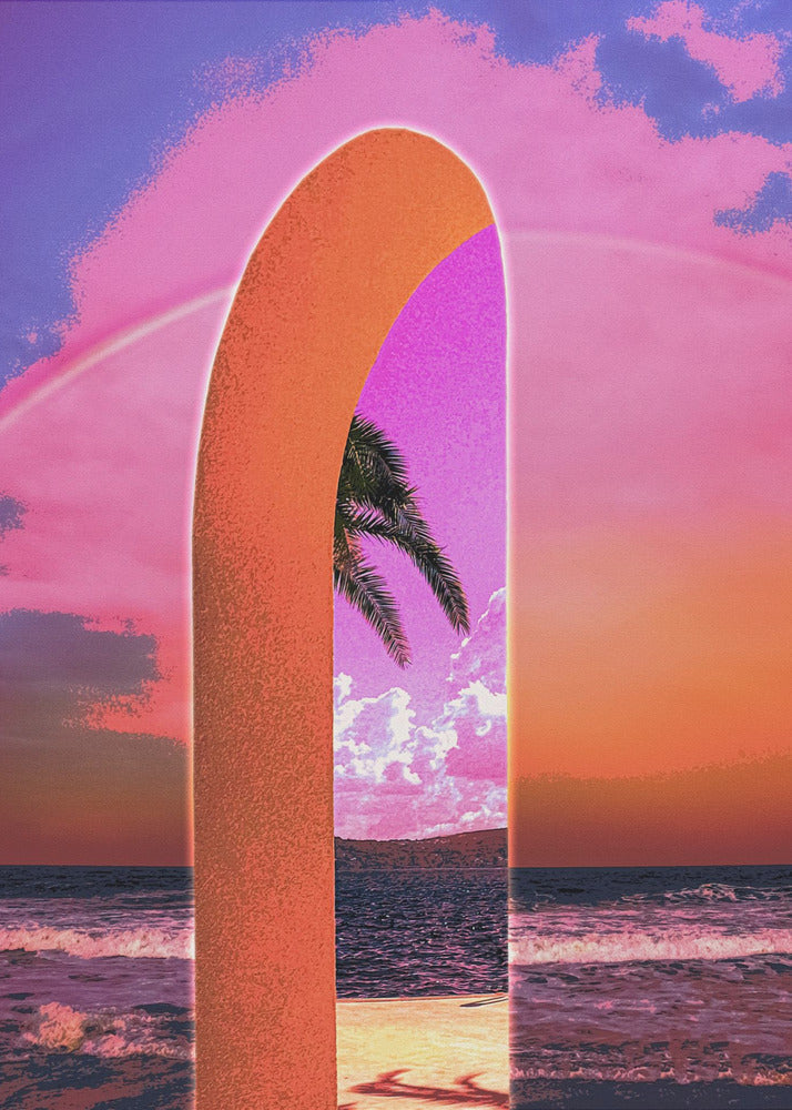 Pink Vaporwave Archway by the Sea Canvas Wall Art | Portal Vaporwave