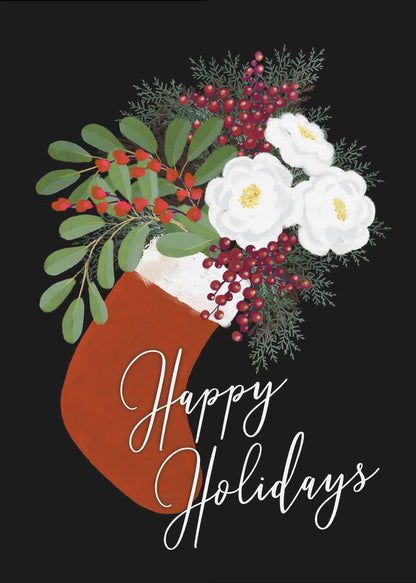 Tableau mural Chaussette florale Joyeuses fêtes sur toile noire