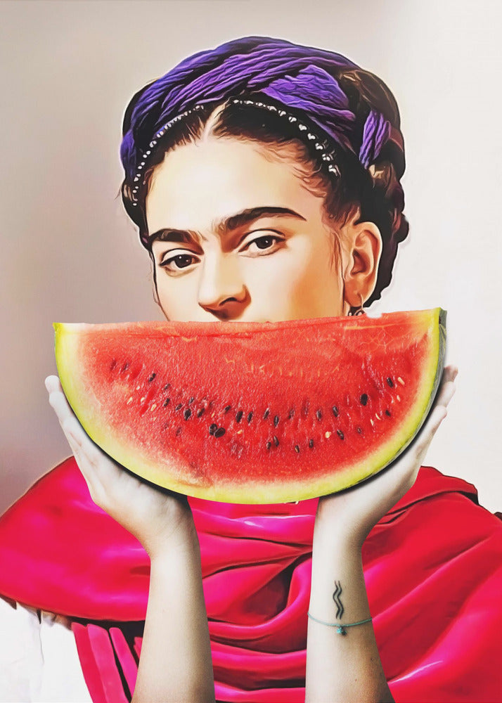 Frida Kahlo with a Watermelon Smile Canvas Wall Art