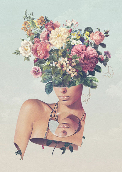 Surreal Woman with a Flower Bouquet Head Canvas Wall Art | Flower Ism