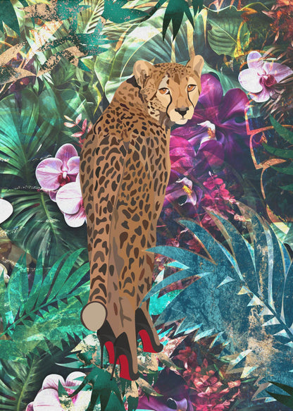 Cheetah in Red Heels Tropical Collage Canvas Wall Art | Tropical Floral Jungle - Cheetah in heels