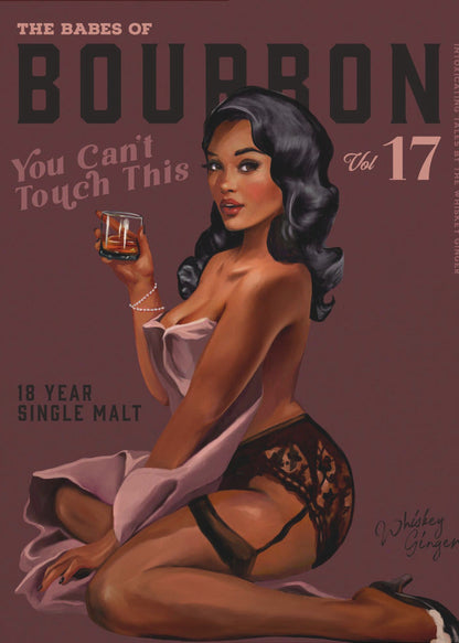 Retro Whiskey Pinup on Burgundy Background Canvas Wall Art