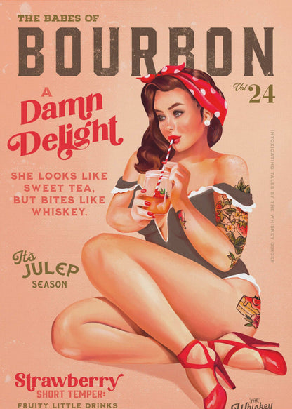 Vintage Cocktail Pinup in Red and Cream Canvas Wall Art | Babes of Bourbon Vol 22 Vintage Pinup Girl Drinking A Cocktail