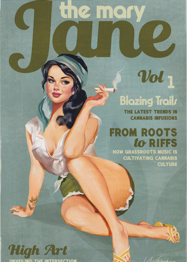 Mary Jane Vintage Pinup Cannabis Typography Canvas Wall Art | Mary Jane Retro Vintage Pinup Cannabis Art