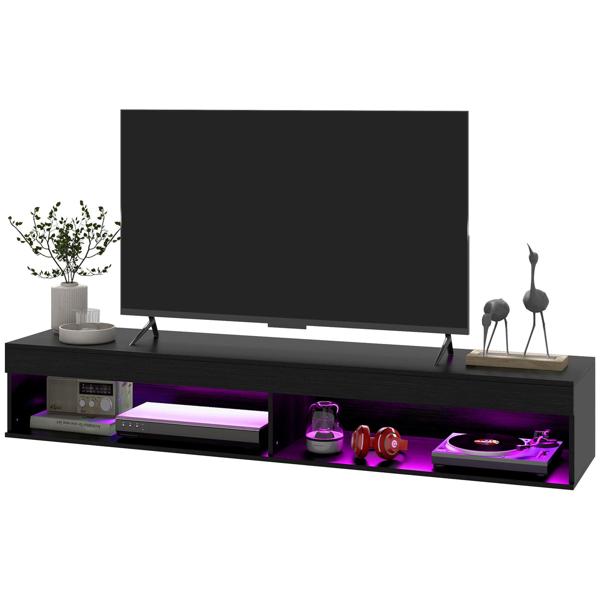 Meuble TV mural moderne Lane avec rangement et lumières LED - Noir