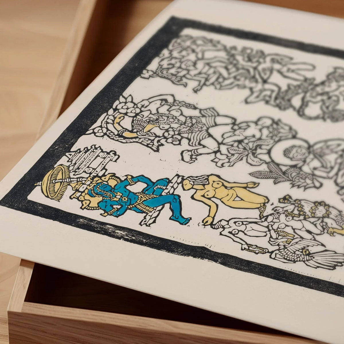 Reijer Stolk Gravure sur bois Motif indien : Art symboliste, Accents dorés et bleus