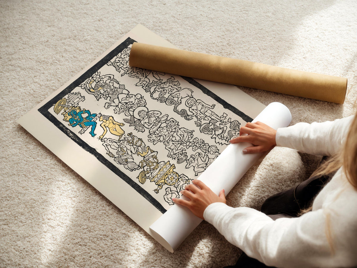 Reijer Stolk Gravure sur bois Motif indien : Art symboliste, Accents dorés et bleus