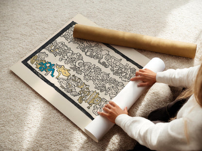 Reijer Stolk Gravure sur bois Motif indien : Art symboliste, Accents dorés et bleus