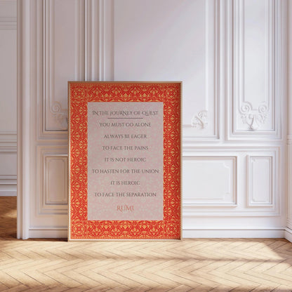 Rumi - Journey of Quest PRINT | Red Inspirational Quote Poetry Poster (available handframed or unframed)