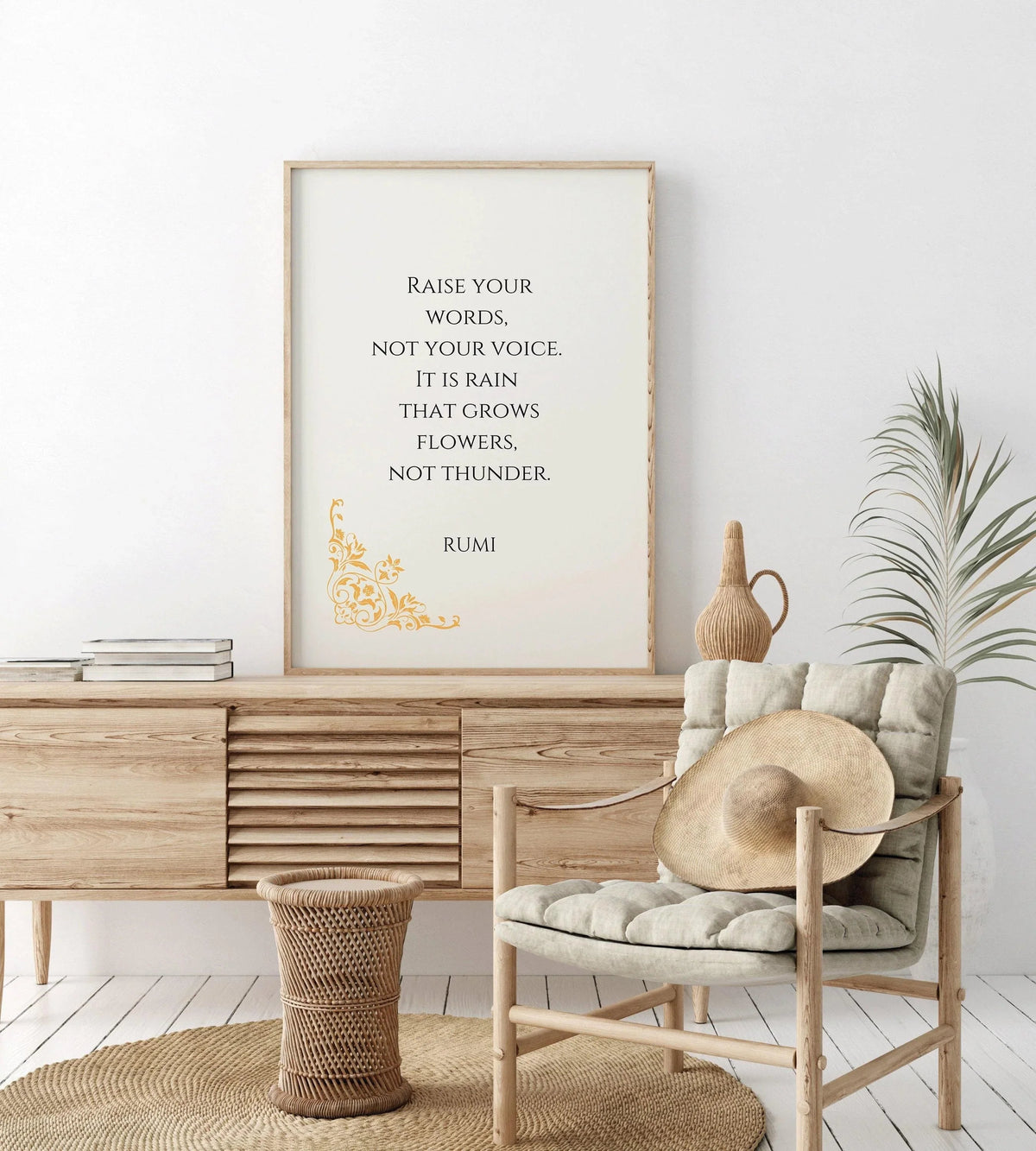Rumi Quote Art Print: Rain & Thunder Poem, Beige Inspirational Poster