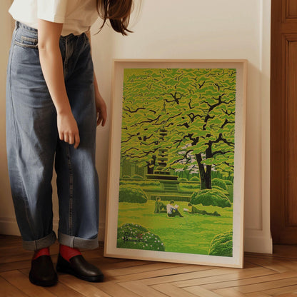 Estampe Giclée Shiro Kasamatsu "Campus de printemps" : Art paisible de l'estampe sur bois japonaise